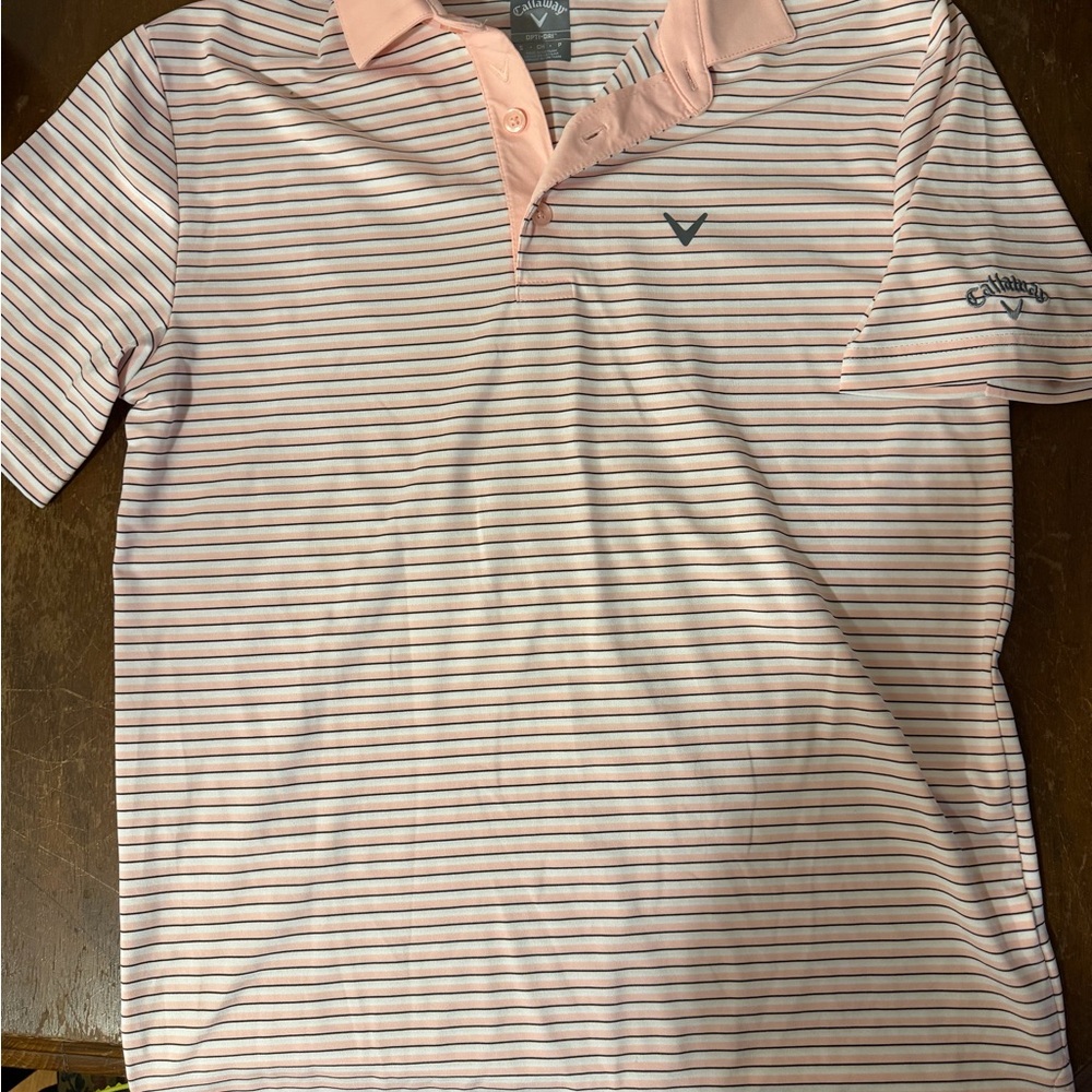 Callaway Men's Polo Shirt in Pink and White Stripes size S $25